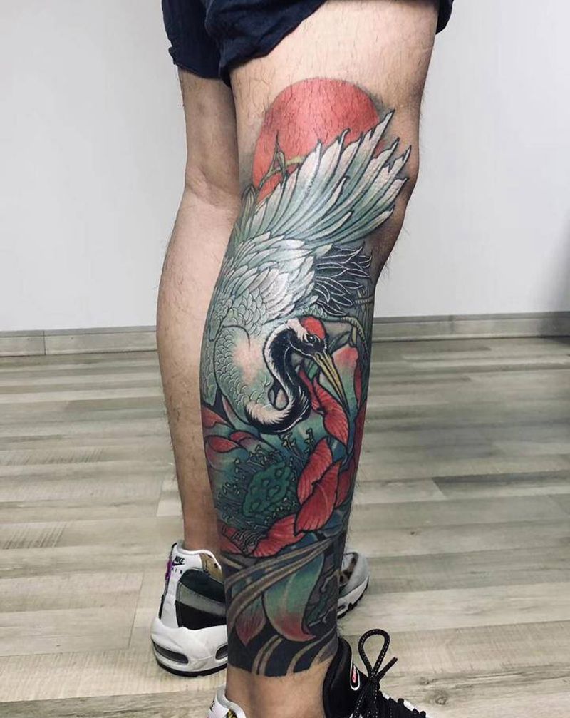 仙鹤纹身图片_腿部新传统纹身图案