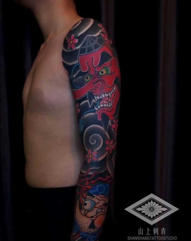 天狗/火男纹身图片_手臂老传统日式纹身图案