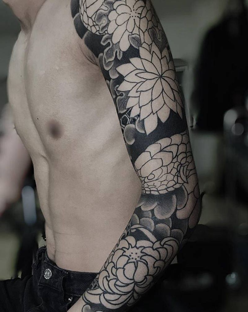 日式传统花臂未完…纹身图片_手臂老传统纹身图案