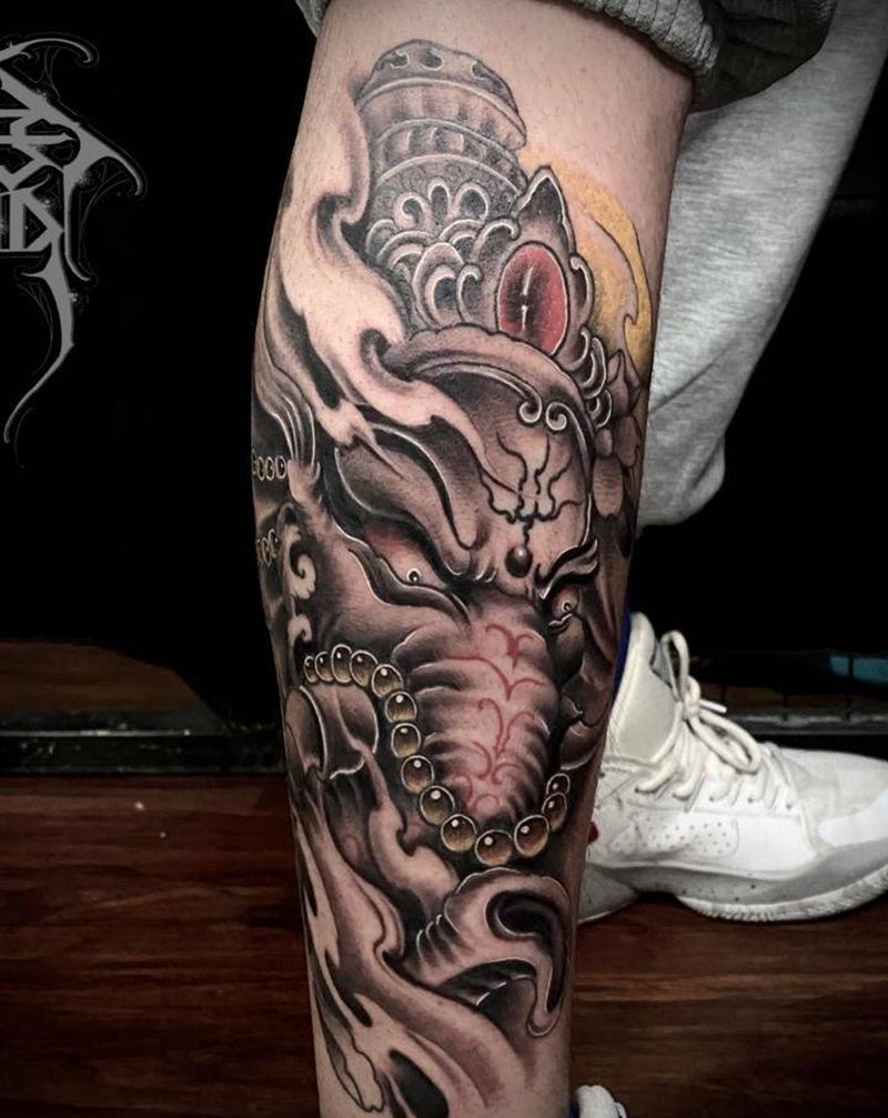 象神纹身图片_腿部新传统纹身图案
