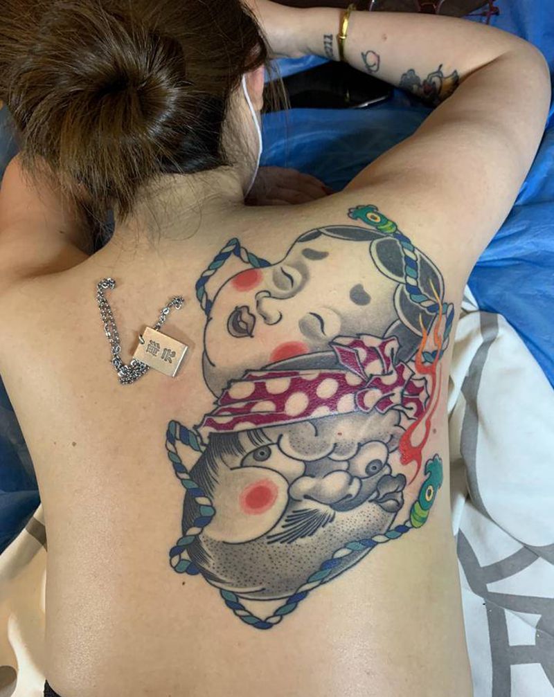 火男阿多福纹身图片_背部老传统纹身图案