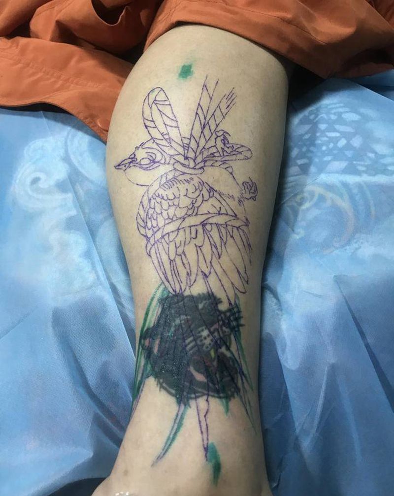 暗黑风遮盖纹身作品纹身图片_腿部水墨暗黑纹身图案