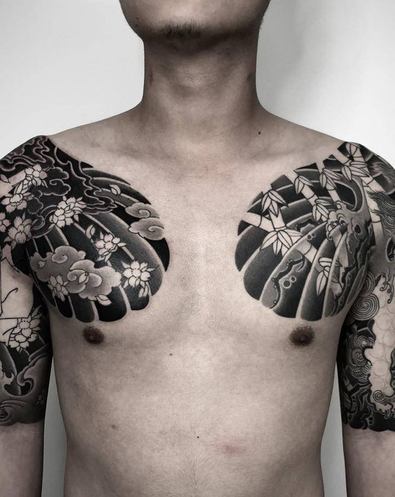 黑灰完结纹身图片_胸部手臂老传统半甲纹身图案