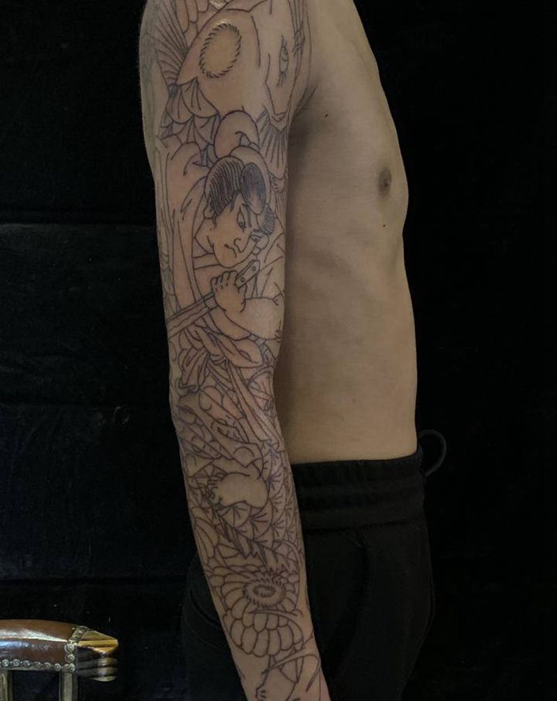 花臂水线纹身图片_手臂老传统纹身图案