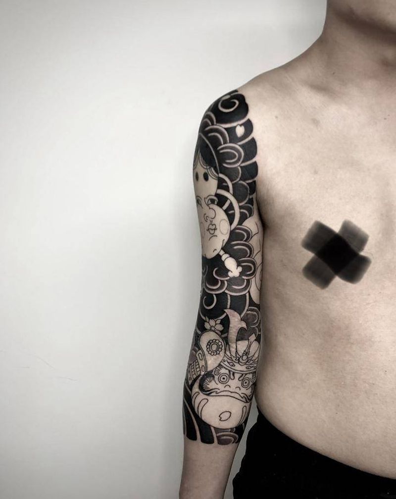 七分袖进度纹身图片_手臂老传统阿多福纹身图案