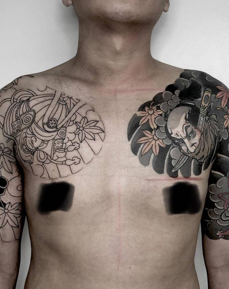 半甲纹身图片_手臂胸部老传统日式纹身图案