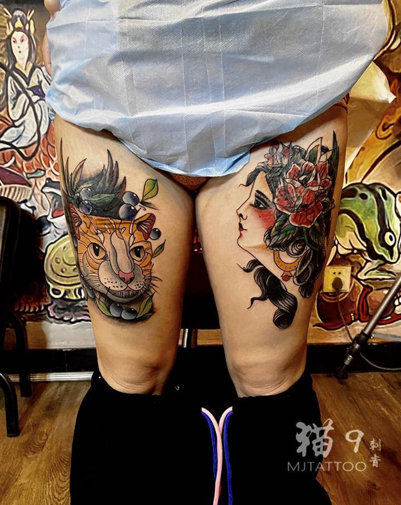 old school纹身图片_腿部Old School大腿遮盖老欧美纹身图案