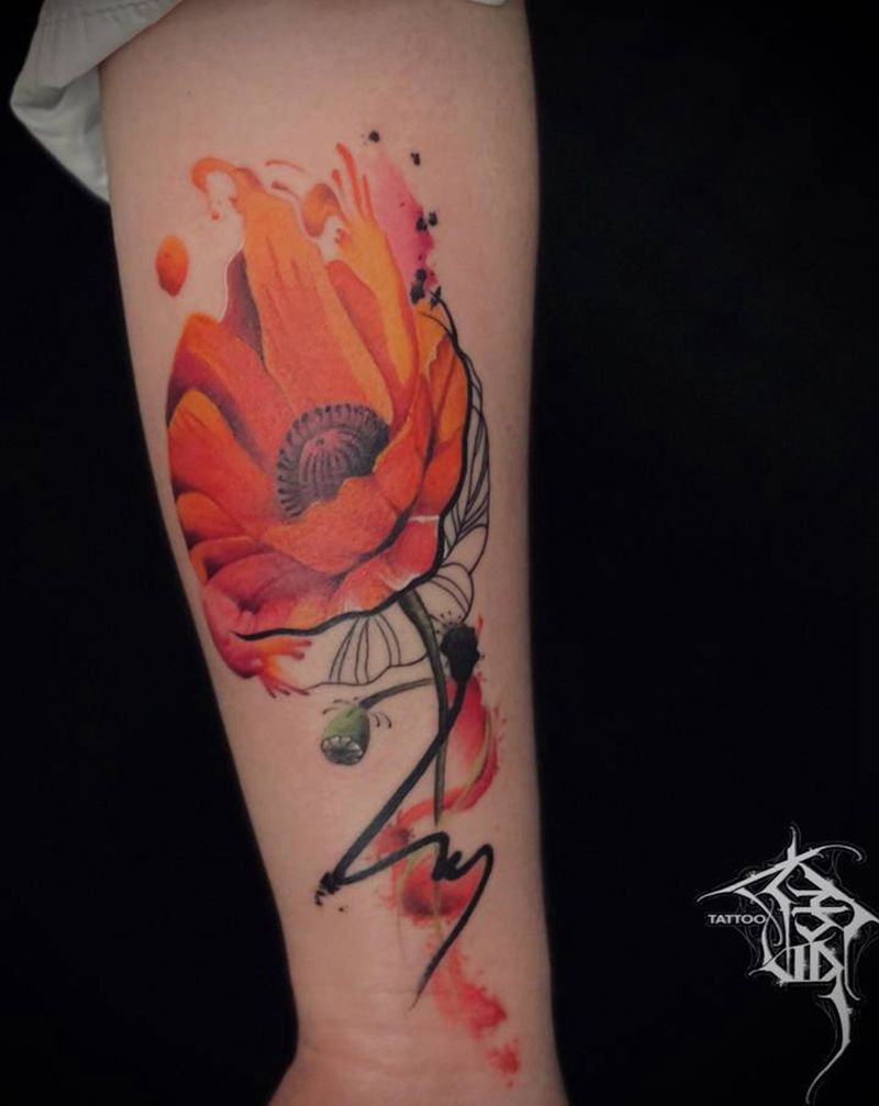罂粟花纹身图片_手臂水彩纹身图案