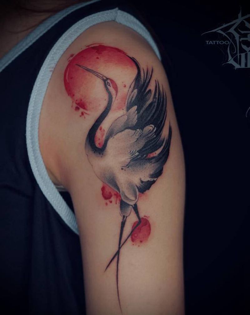 鹤纹身图片_手臂水彩水墨纹身图案