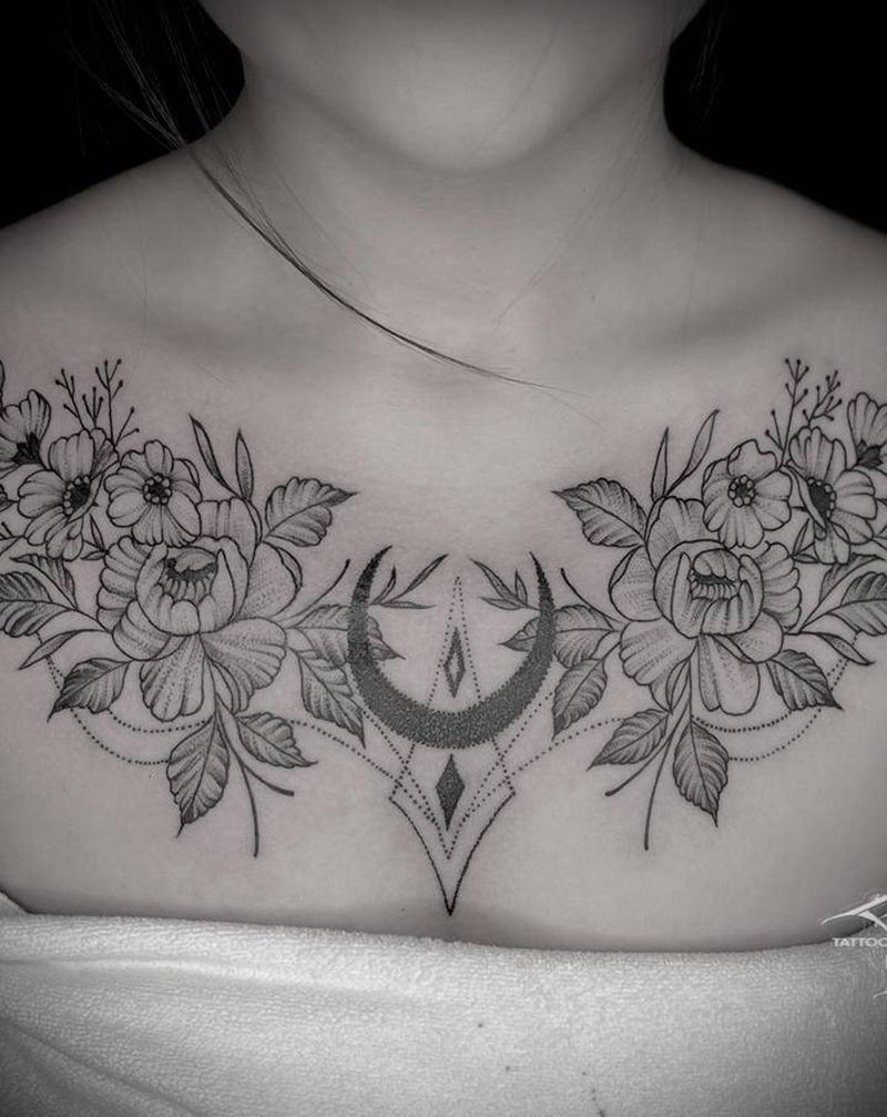 素花花胸纹身图片_胸部点刺素花纹身图案