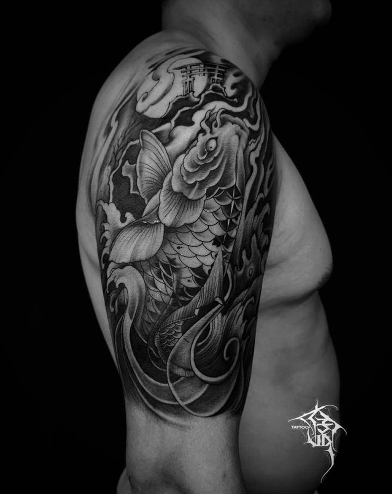 鲤鱼跃龙门纹身图片_手臂新传统纹身图案