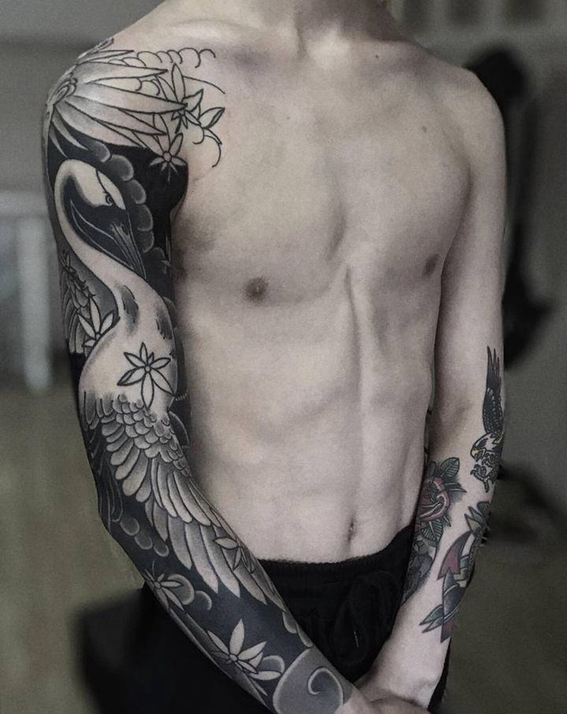 花臂仙鹤进度88.88%纹身图片_手臂老传统纹身图案