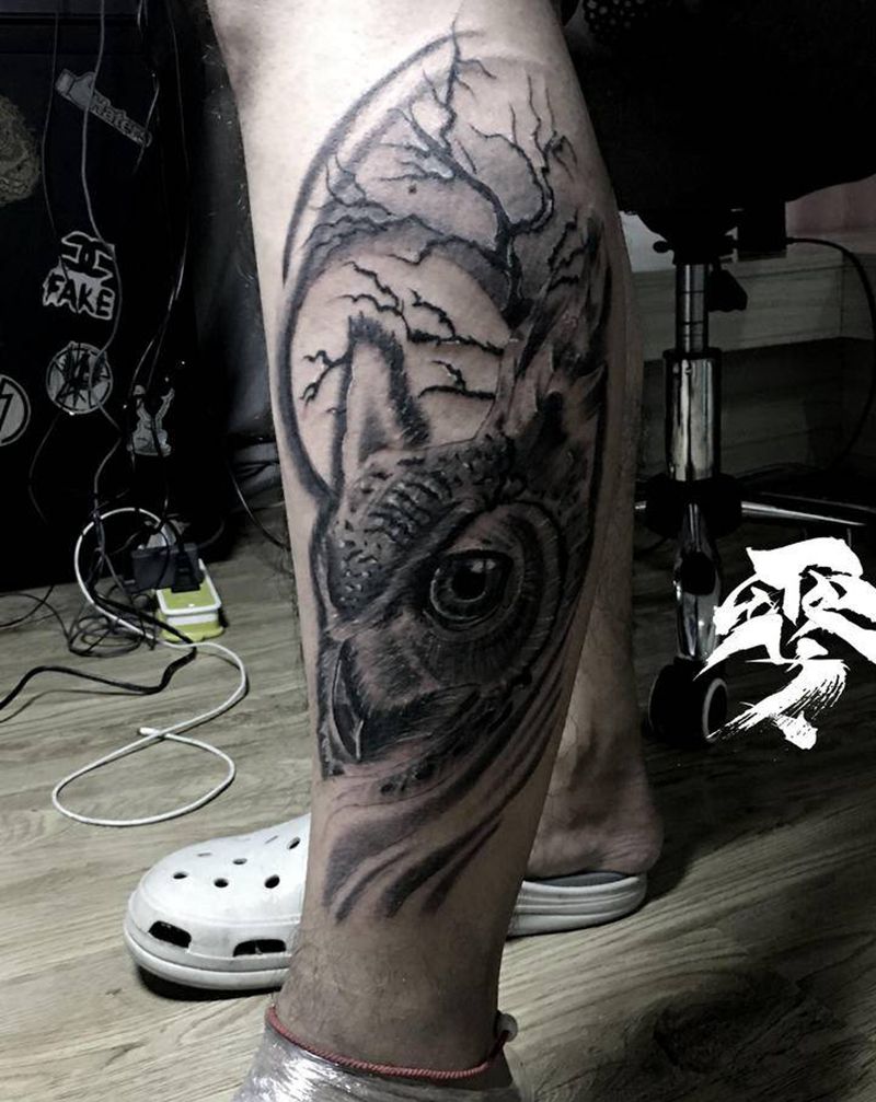 猫头鹰纹身图片_腿部纹身图案