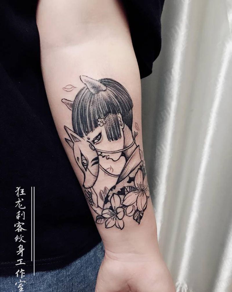 般若女孩纹身图片_手臂手部新传统点刺般若艺妓日式艺妓纹身图案