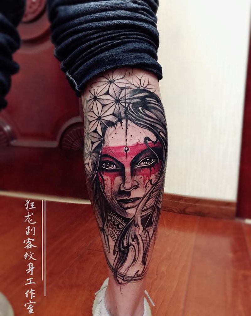 包小腿,欧美纹身图片_腿部脚部欧美写实New School包小腿暗黑系抽象纹身图案