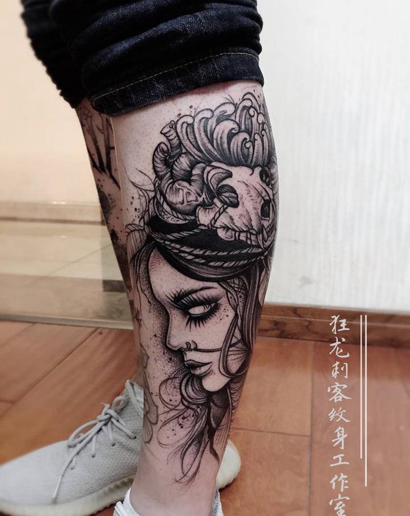 欧美暗黑系纹身图片_腿部手臂New School新传统暗黑系欧美抽象欧美人物纹身图案