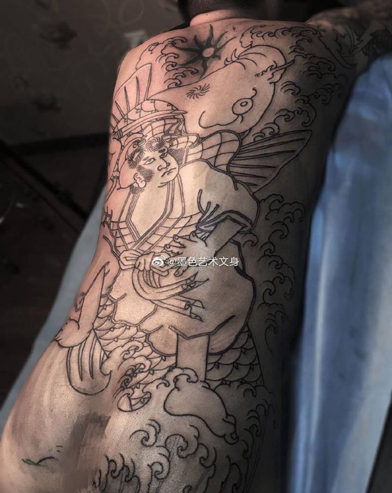 鬼若丸，风神雷神纹身图片_背部腿部新传统纹身图案
