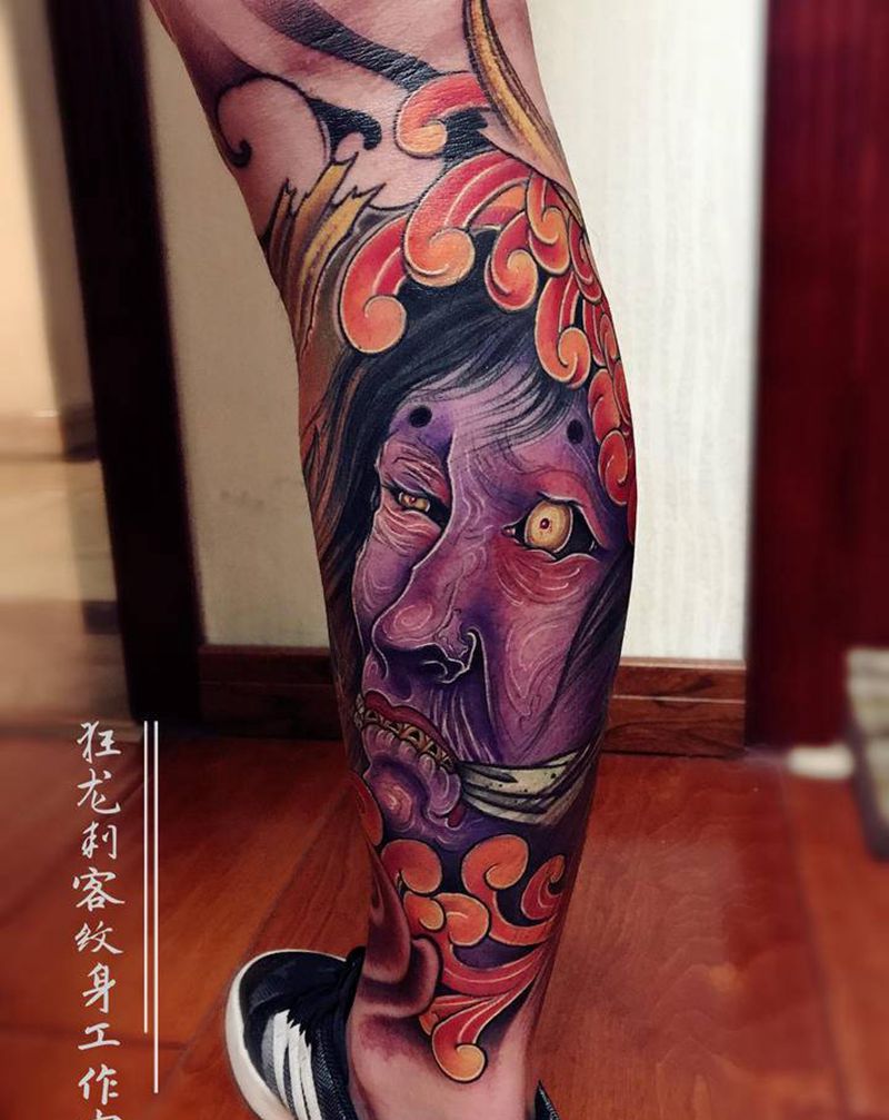 作品～鬼纹身图片_腿部脚部老传统新传统鬼日式鬼怪传统包小腿纹身图案