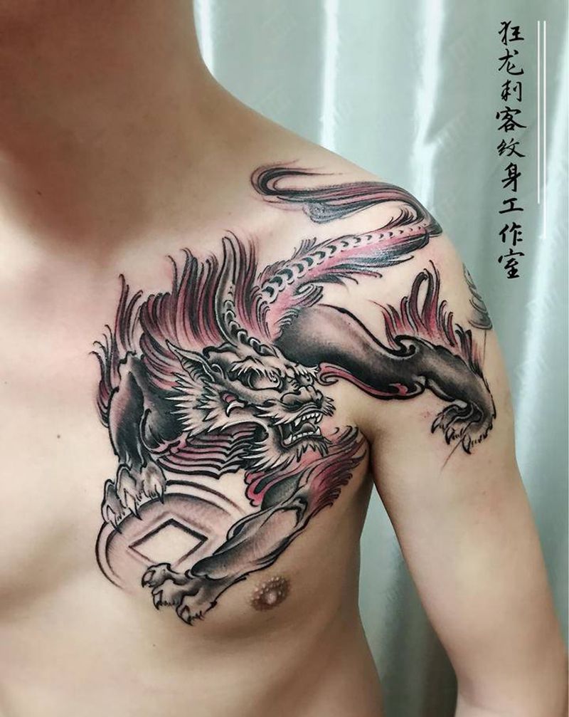 招财貔貅纹身图片_肩部胸部水墨新传统貔貅招财貔貅水墨纹身图案