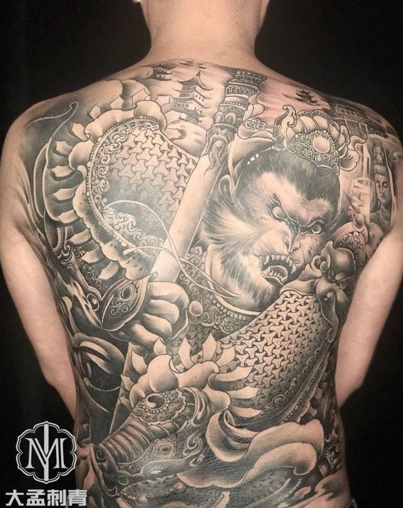斗战圣佛纹身图片_背部欧美写实纹身图案