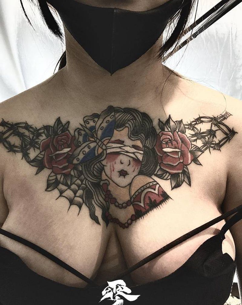 Old School女郎纹身图片_胸部Old School纹身图案