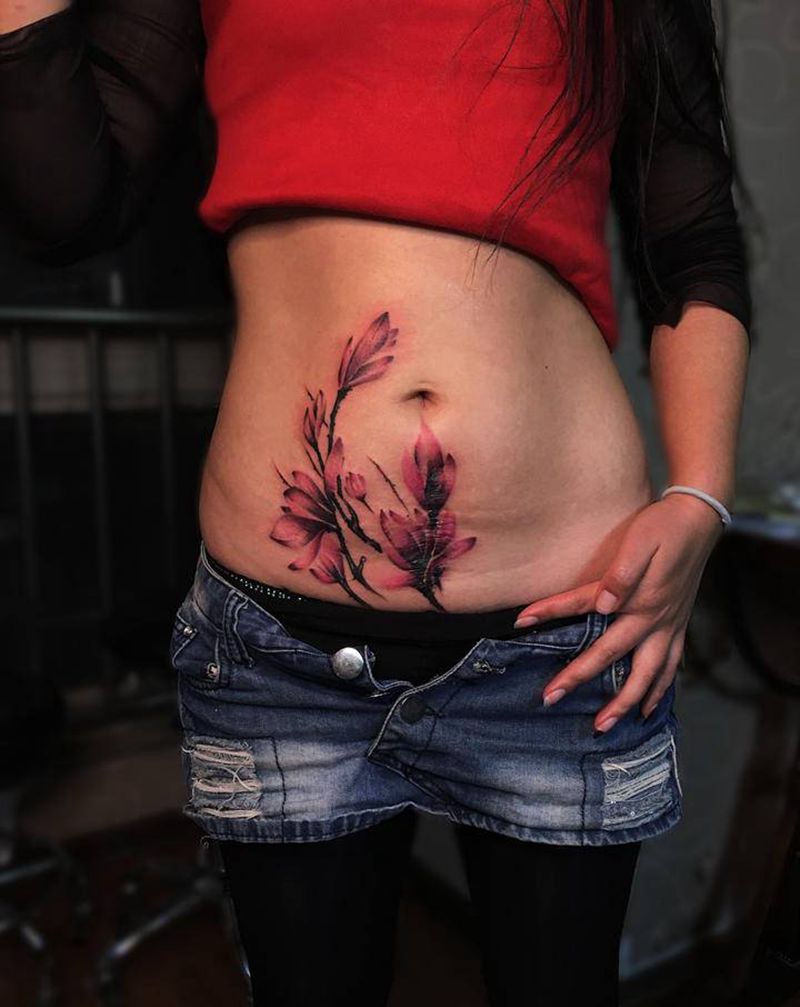 遮盖纹身图片_腹部新传统水彩纹身图案