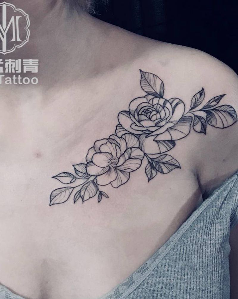 素花纹身图片_胸部点刺纹身图案