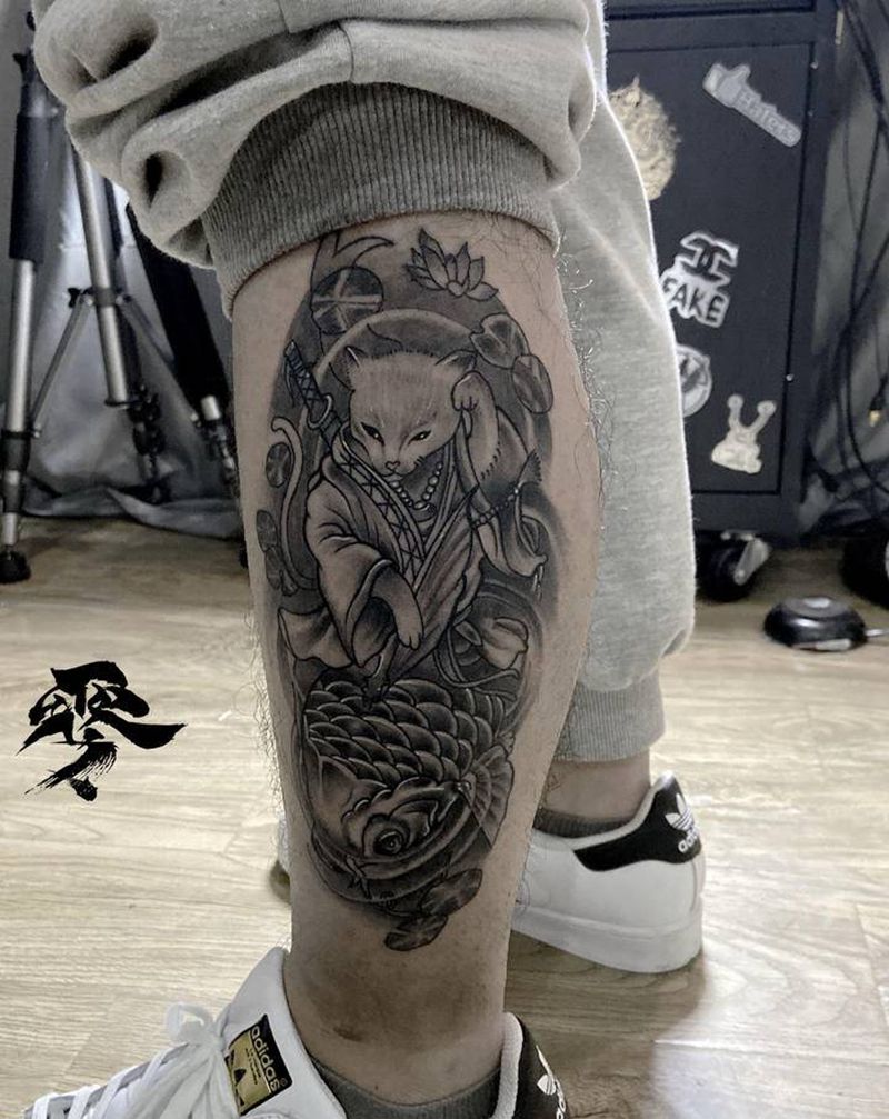 喵与鱼纹身图片_腿部老传统纹身图案