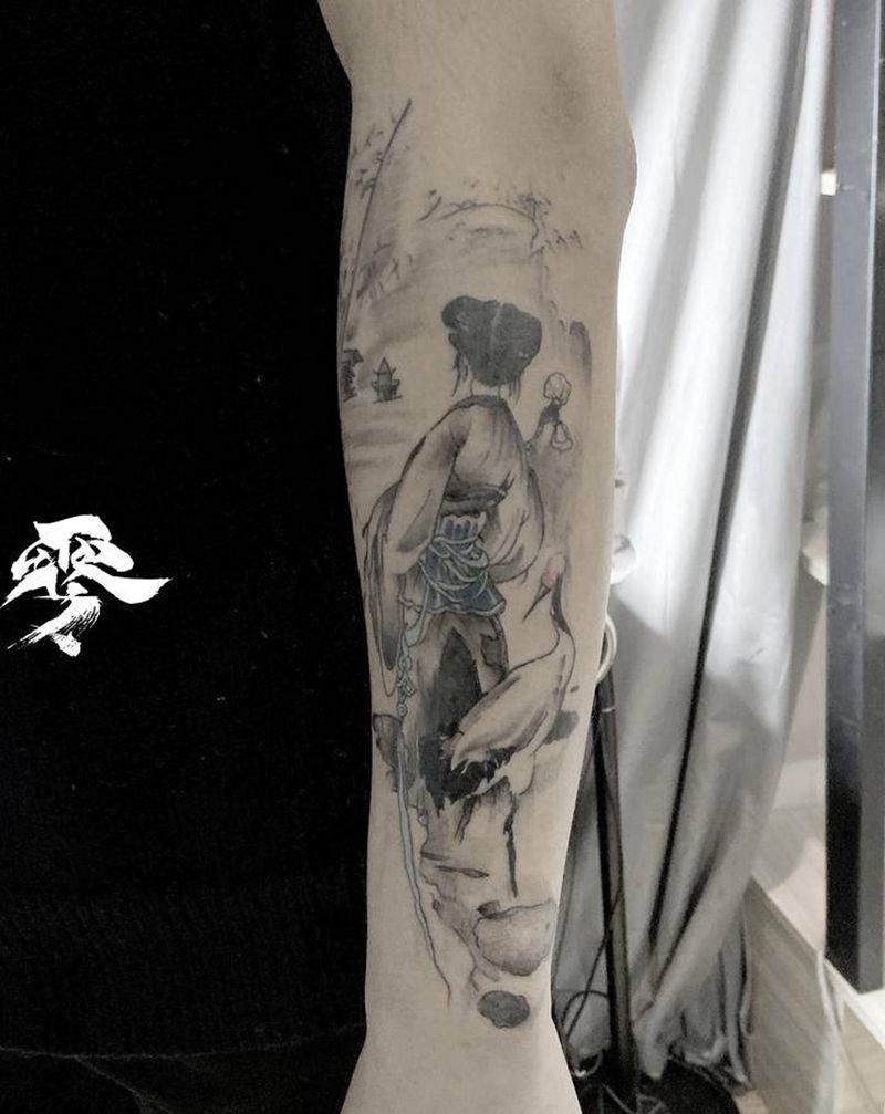 水墨风女孩与鹤纹身图片_手臂纹身图案