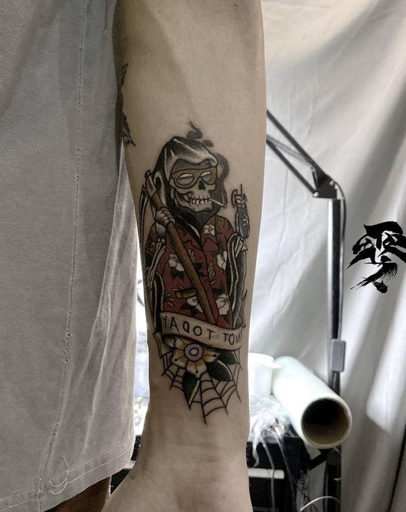 花衫骷髅纹身图片_手臂Old School纹身图案