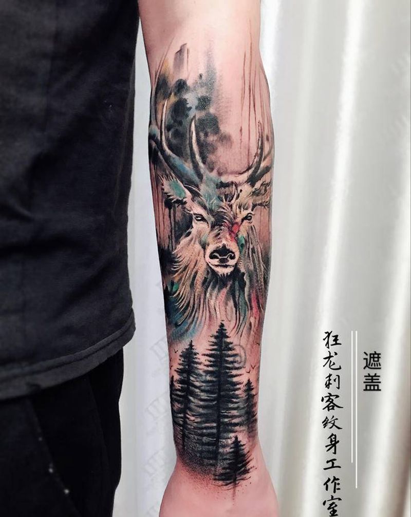 遮盖～麋鹿纹身图片_手臂手部水彩水墨麋鹿水彩泼墨遮盖纹身图案