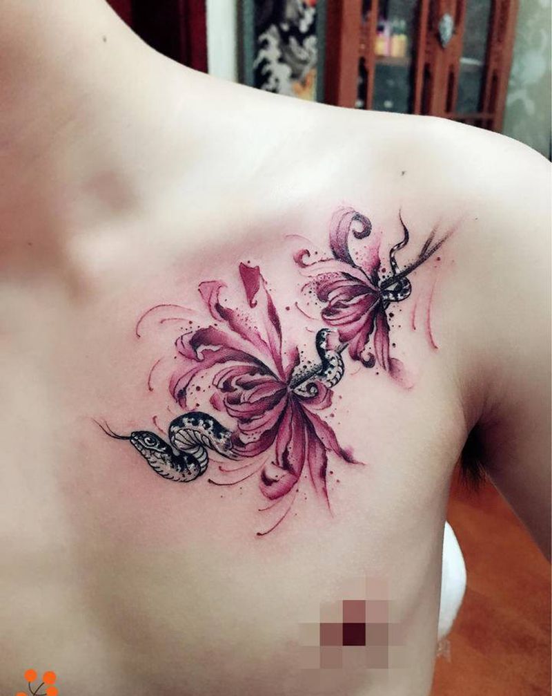 彼岸花开，花开彼岸纹身图片_胸部肩部水彩水墨彼岸花小蛇水彩小清新纹身图案
