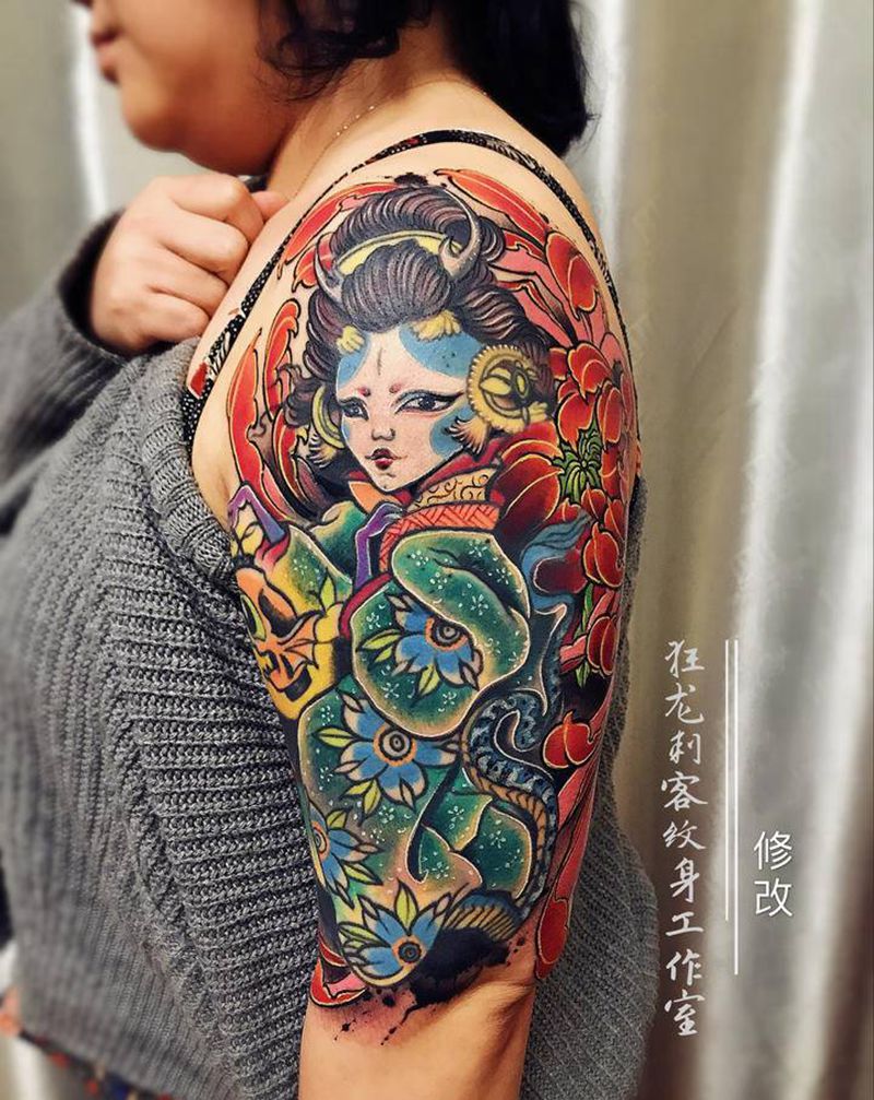 修改设计纹身图片_手臂肩部新传统老传统鬼艺妓修改遮盖艺妓纹身图案