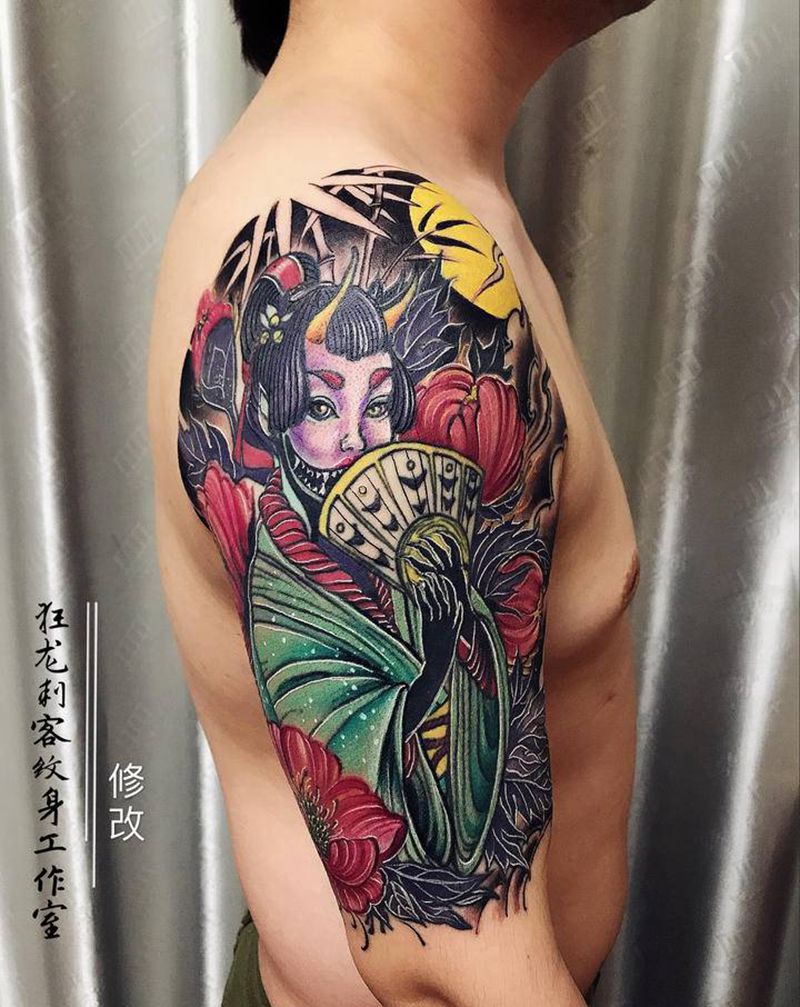 修改图纹身图片_手臂肩部老传统新传统修改遮盖鬼艺妓艺妓纹身图案