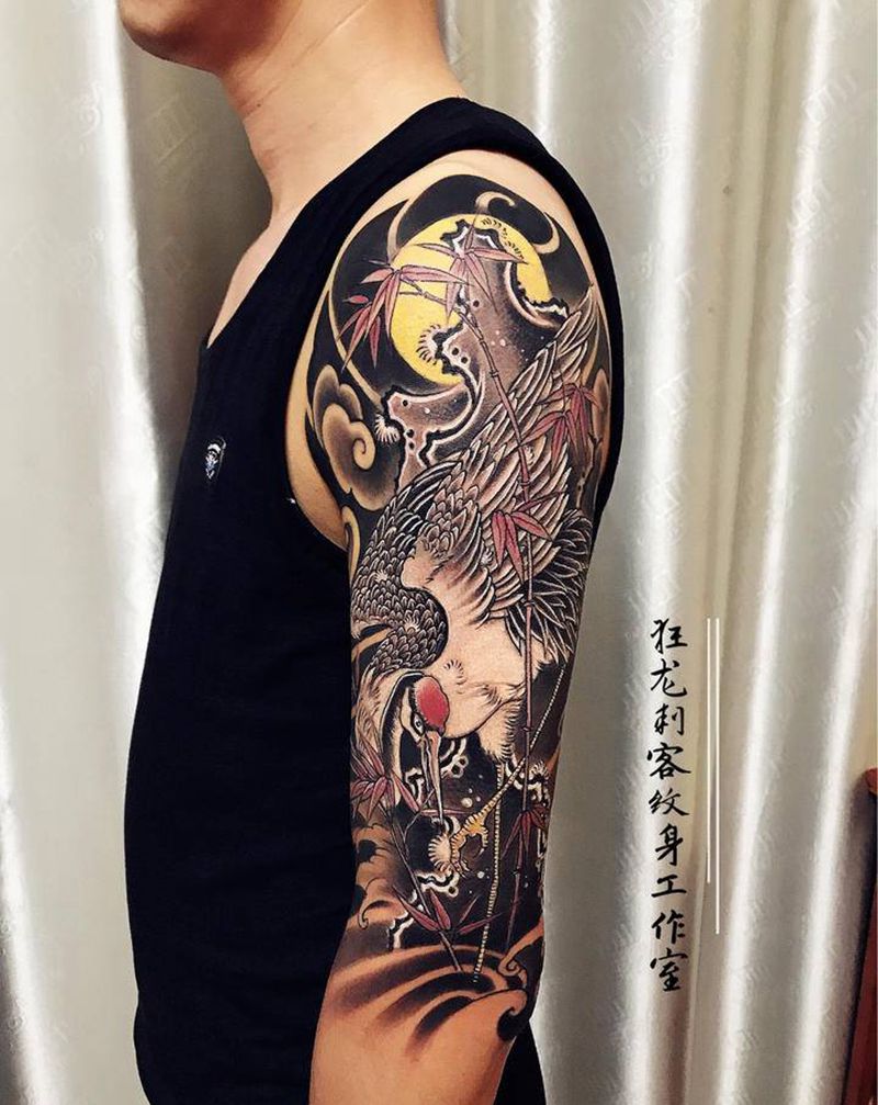 传统～鹤纹身图片_手臂腿部老传统新传统鹤传统鹤仙鹤纹身图案