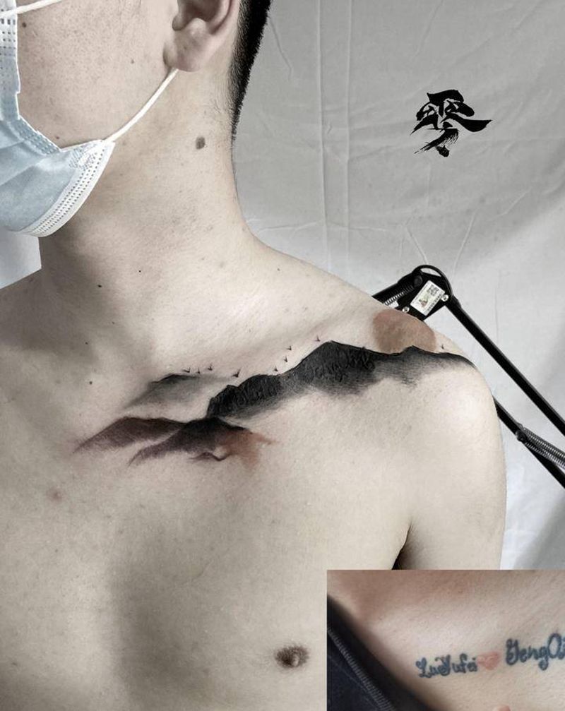 山石简约暴力遮盖纹身图片_肩部水墨纹身图案