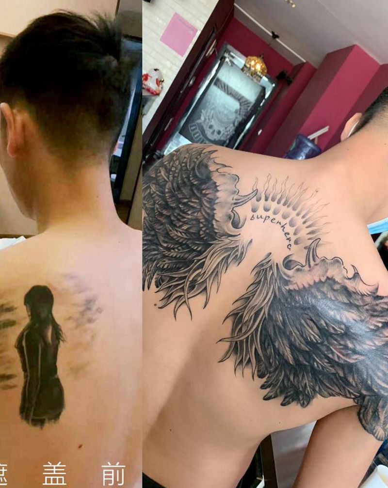 翅膀遮盖纹身图片_背部手臂纹身图案