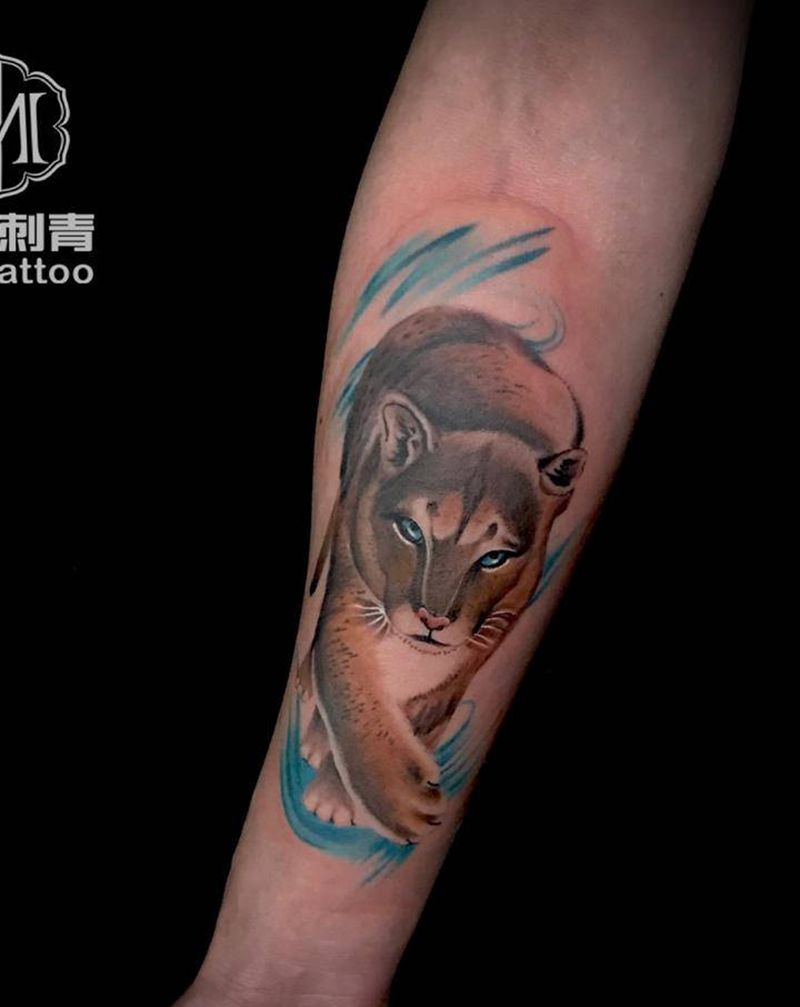 美洲狮纹身图片_手臂欧美写实水彩纹身图案