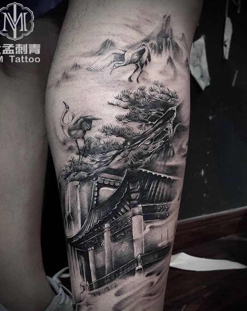 风景如画纹身图片_腿部欧美写实水墨纹身图案