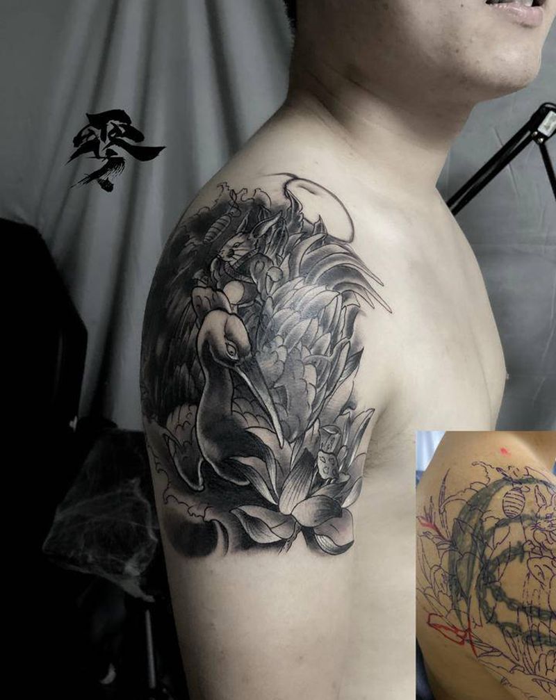 遮盖作品传统鹤➕莲花➕小猫纹身图片_手臂老传统纹身图案