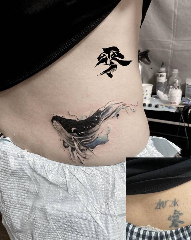 鲸鱼遮盖作品纹身图片_腰部水墨水彩纹身图案
