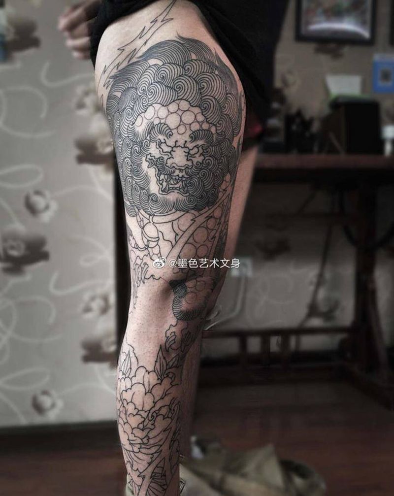 唐狮纹身图片_腿部新传统纹身图案