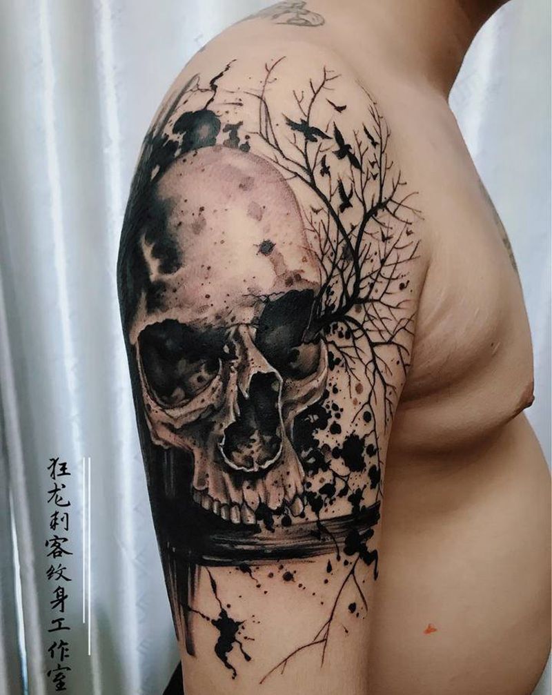 骷髅纹身图片_手臂肩部欧美写实水墨骷髅水墨骷髅骷髅纹身图案