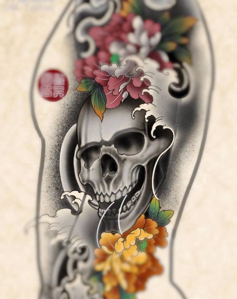 原创骷髅牡丹花臂纹身图片_手臂新传统纹身图案