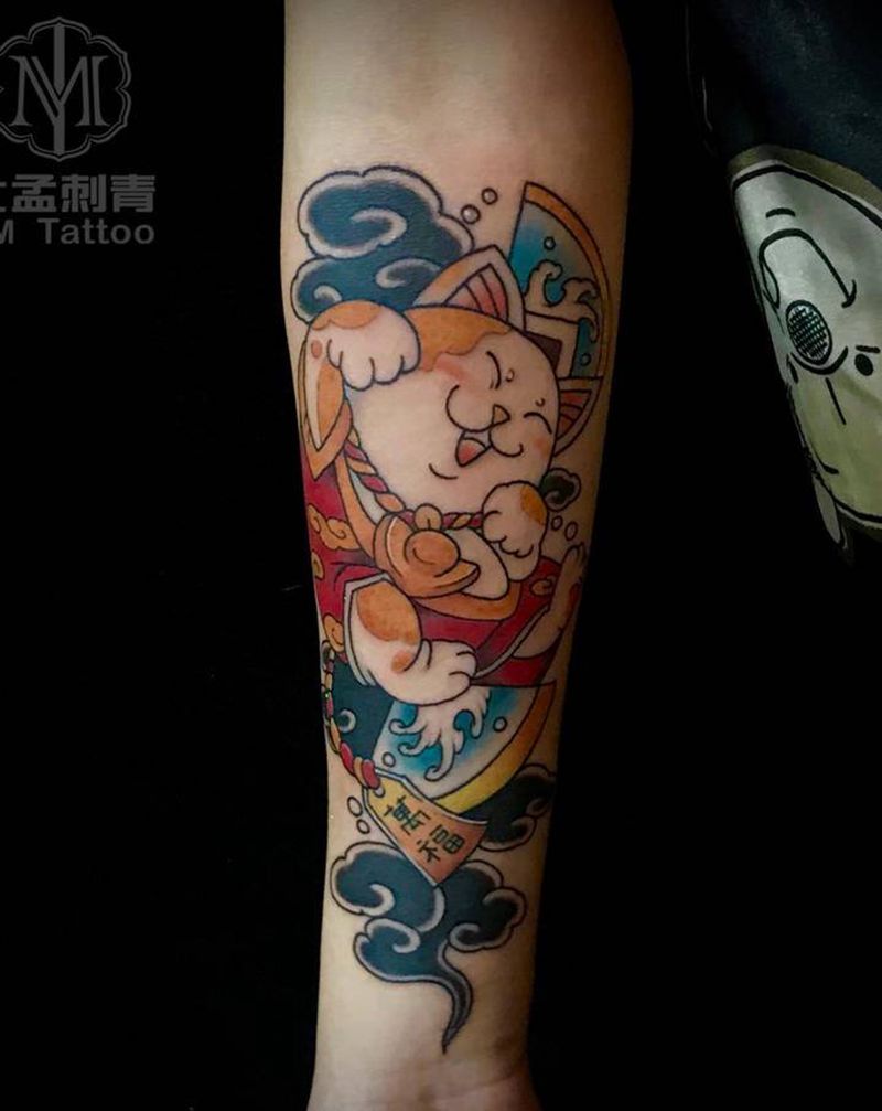 招财猫纹身图片_手臂New School纹身图案