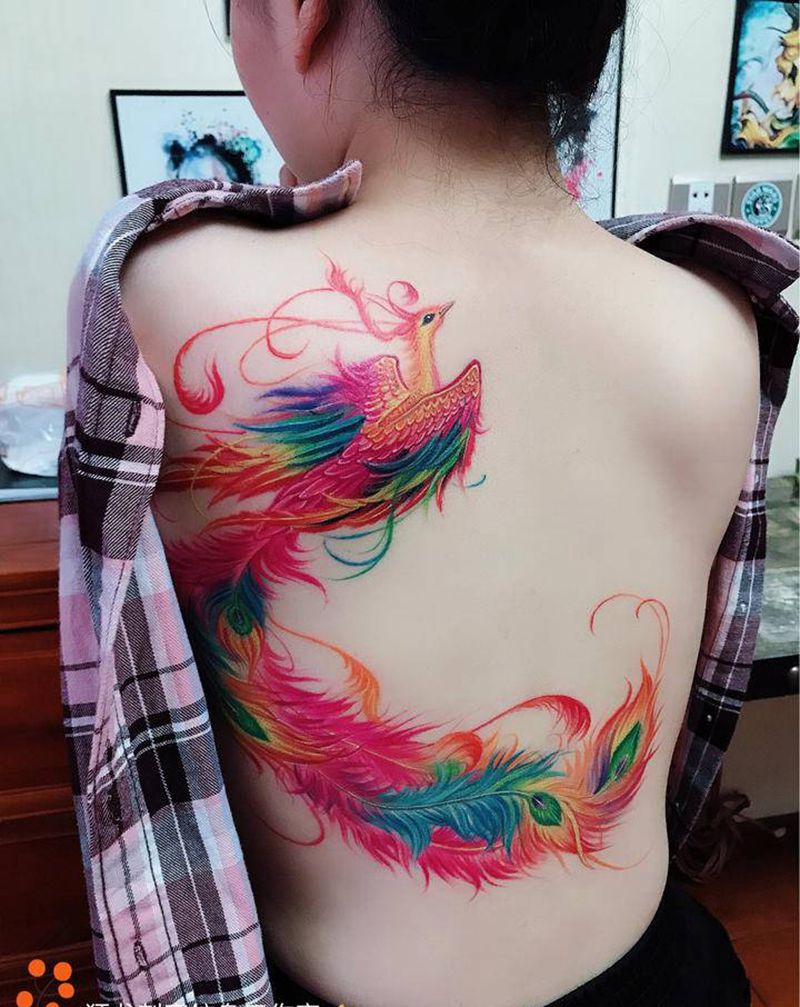 凤纹身图片_肩部背部新传统水彩凤凰凤凰水彩凤凰纹身图案