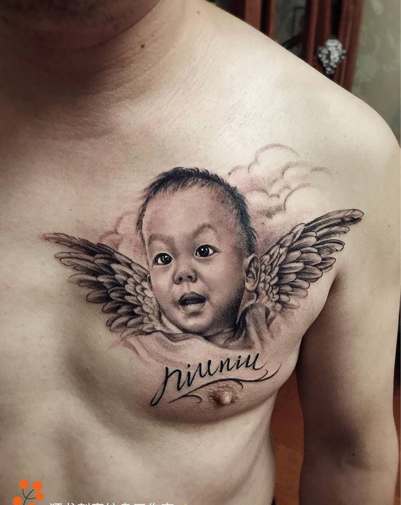 肖像纹身图片_胸部肩部欧美写实点刺肖像写实素描纹身图案