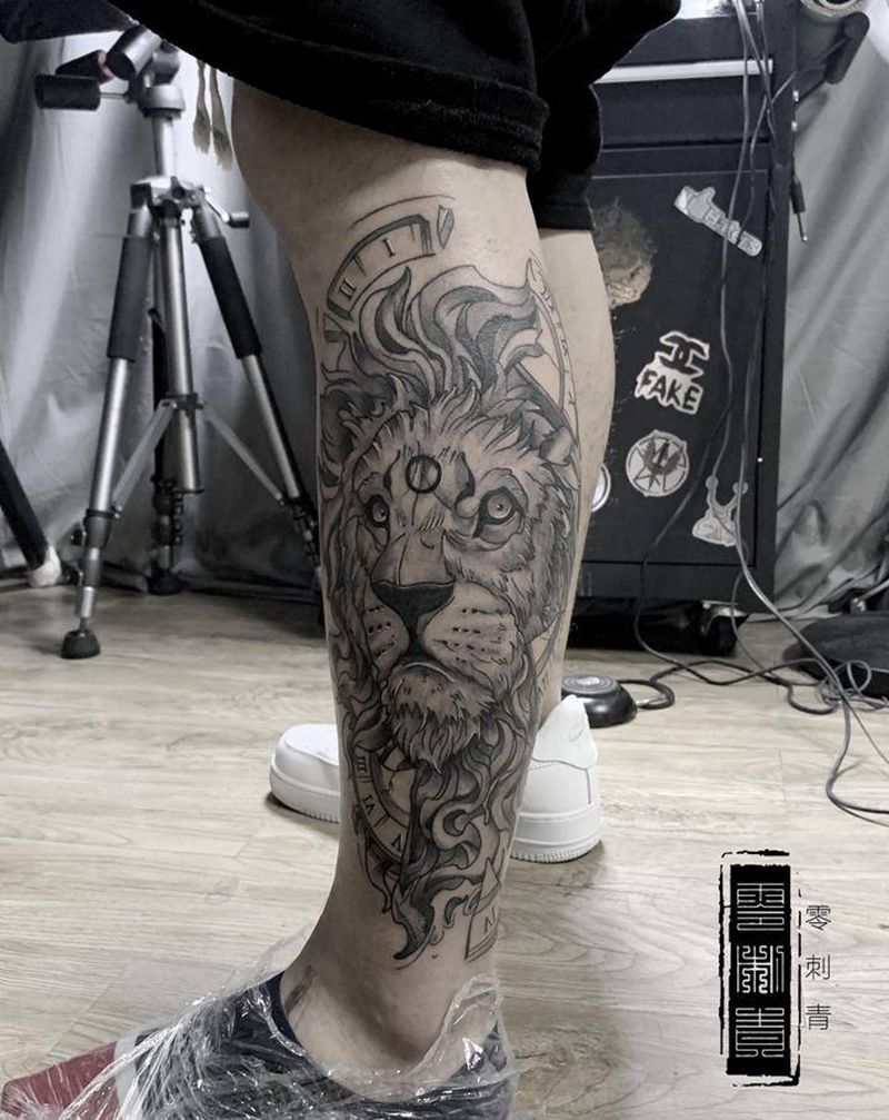 狮子纹身图片_腿部纹身图案