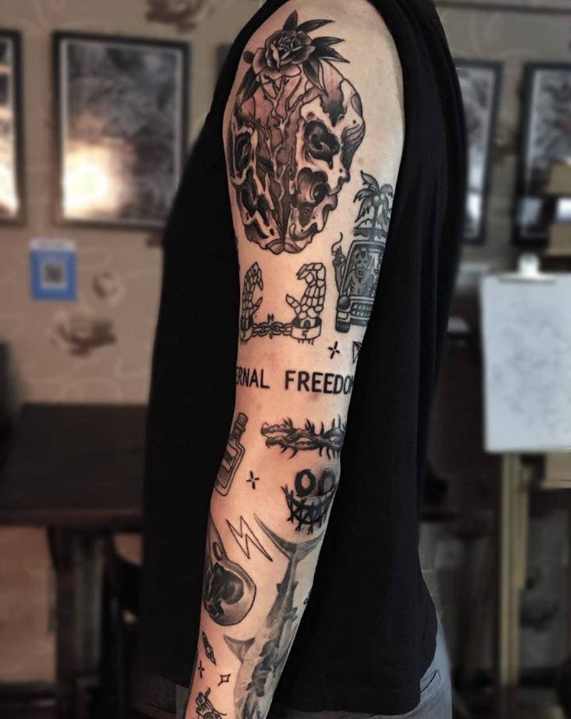 拼接花臂纹身图片_手臂New School纹身图案