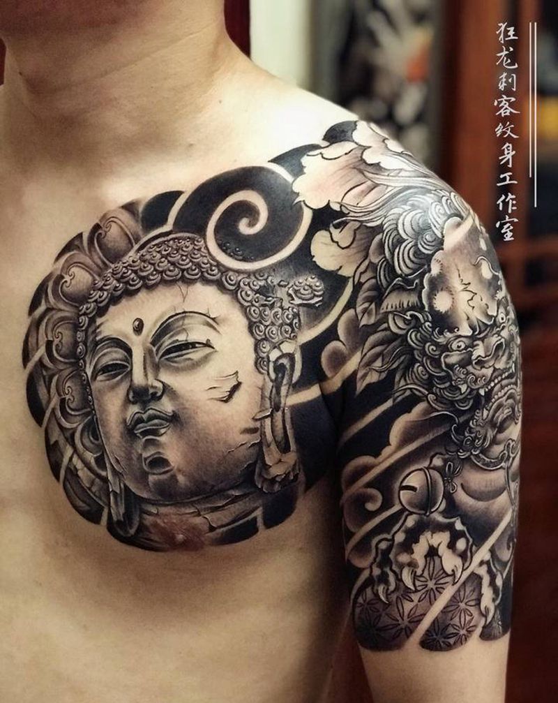 传统黑白半甲纹身图片_胸部手臂老传统新传统佛半甲传统半甲佛像纹身图案